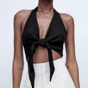 Zara • Tie Front Linen Halter Crop Top • Black • Size Large • NWT